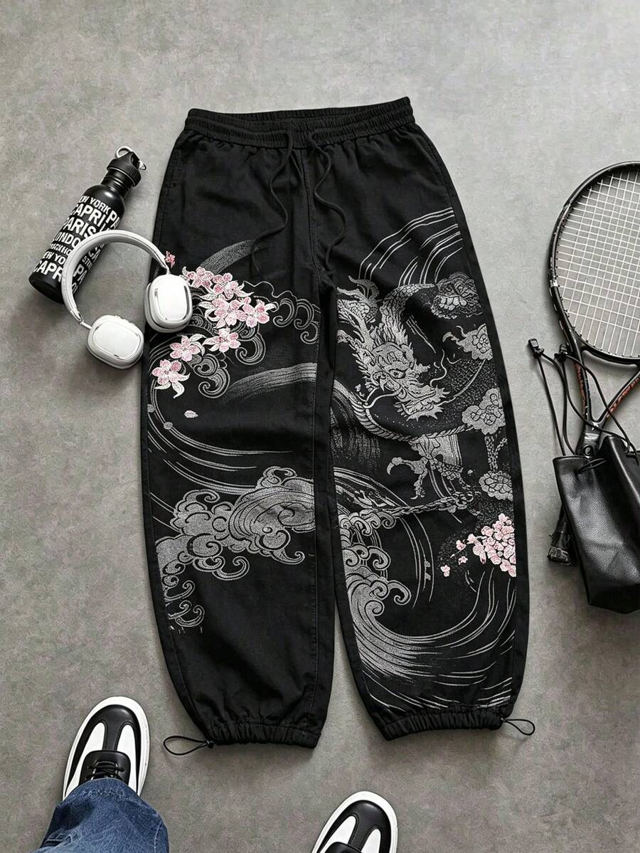 Sport MetroGents Men's Dragon & Cherry Blossom Print Sports Pants, Gym - Multicolor - View 1
