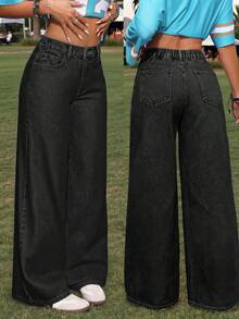 SHEIN PETITE CURVE Plus Size Casual Washed Wide Leg Jeans Back-To-School Graduation Dark Wash Summer - Black - View 1