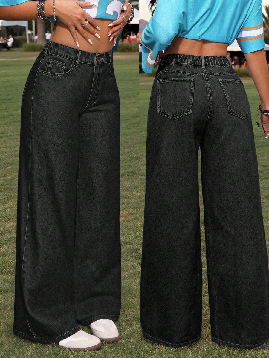 SHEIN PETITE CURVE Plus Size Casual Washed Wide Leg Jeans Back-To-School Graduation Dark Wash Summer - Black - View 1