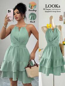 Elenzga Elegant Halter Neck Beaded Tie Strap Cold Shoulder Ruffle Tiered Plus Size Dress Formal Vacation Sage Green Summer - Green - View 5