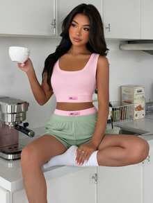 ZzzCrew Vibrant Contrast Color Elastic Soft Ribbed Texture Camisole And Shorts Pajama Set For Women - Multicolor - View 3