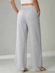 SHEIN Tall CURVE 大码女式条纹抽绳腰休闲宽松裤，适合日常穿着 - 淺灰色 - 查看 3