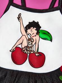 Betty Boop x SHEIN 1件可愛卡通圖案印花刺繡寵物吊帶蓬蓬裙，貓咪衣服，狗狗衣服，尺寸XXS-XXXXL，特小號，特大號，薄紗裙，性感，俏皮，櫻桃 - 白色 - 查看 2