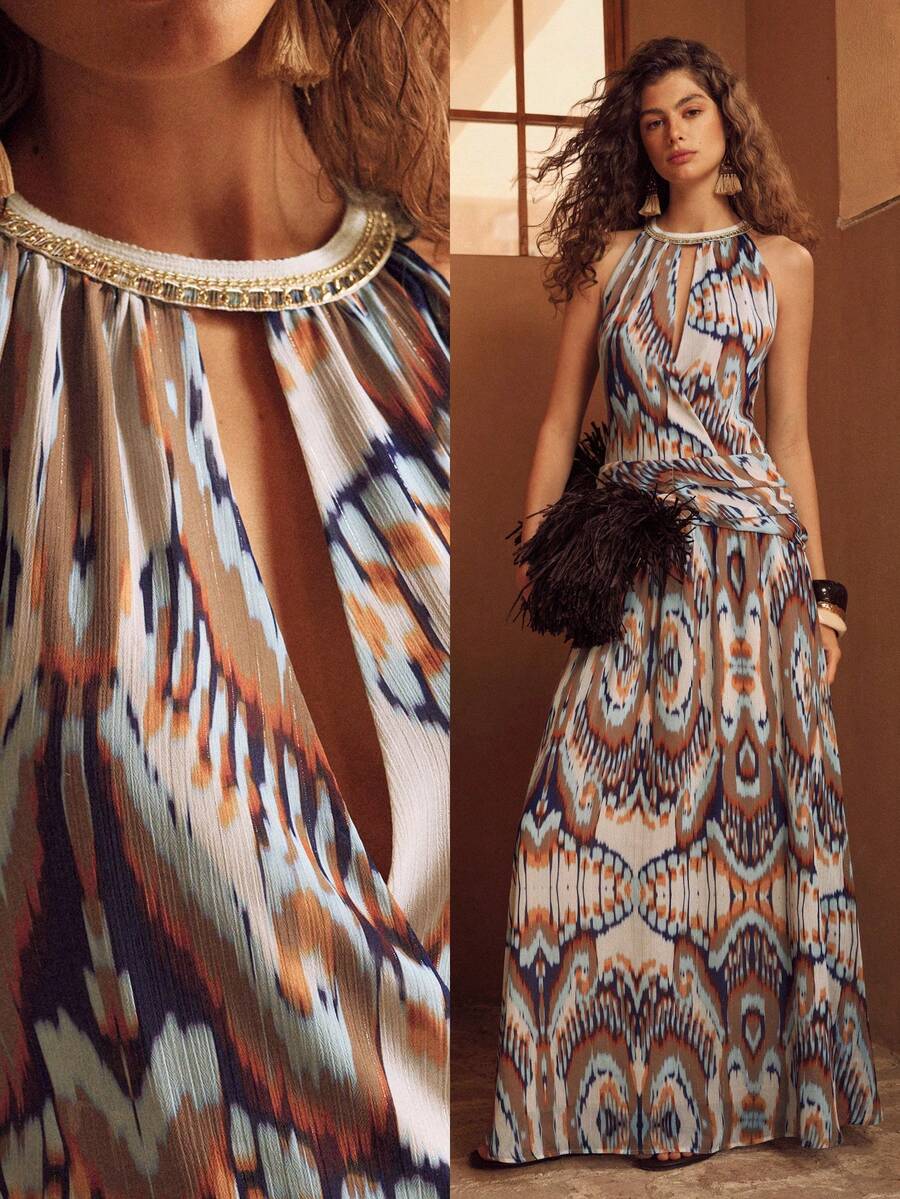 MOTF PREMIUM WOMEN'S PRINTED DRESS WITH STRUCTURAL DESIGN, SUITABLE FOR SPRING/SUMMER VACATION
