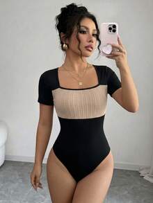 Selianne Women's Summer Casual Elegant Commuting Colorblock Textured Fabric Square Neck Bodysuit Night Out Black - Black - View 3