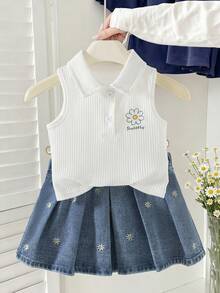 Genkimix Kids 女嬰甜美無袖 Polo 領條紋上衣與牛仔百褶裙 2 件套，夏季新品可愛休閒學院風，淺藍水洗牛仔布搭配雛菊刺繡，柔軟親膚面料，修身百搭，適合日常、女嬰日、夏季度假、海灘、週末、畢業派對 - 白色 - 查看 5