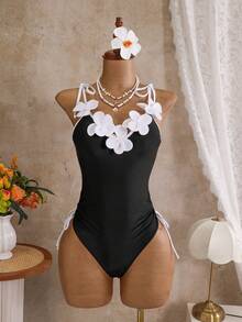 Swim Chiccia Swim Chicsea-D 女款春夏季純色對比細肩帶3D花朵裝飾連身泳衣 - 黑與白 - 查看 2
