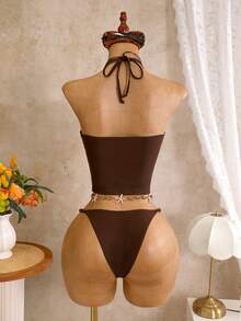 Bonvoyette Women's 2026 Spring/Summer New Coffee Color Beaded Trim V-Neck Backless Adjustable Triangle Bikini Set, 2 Pieces - Coffee Brown - View 2