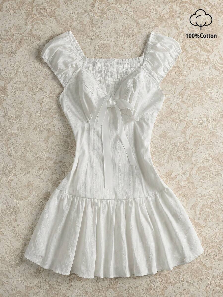Flirla Sweet Spicy Solid Color Lace Trim V-Neck Bow Tie Fitted 100 Cotton Summer Mini Dress For Women Vacation All White Cottage Core - White - View 1
