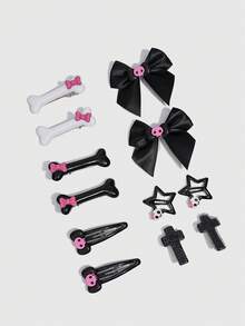 ROMWE Anime 12PCS Sweet & Cool Hair Clips Set, Bow & Bone Hair Pins, Black & Pink Cross Skull Bangs Clips For Halloween Styling - Color 1 - View 3