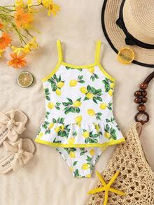 SHEIN Baby Girl Lemon Print Ruffle Strap One-Piece Swimsuit, Suitable For Beach Vacation, Pool Party, Beach Party - Pink - View 5