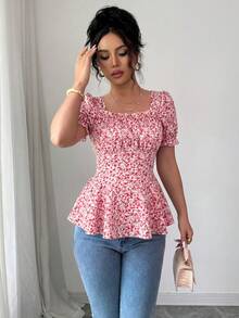 Elenzga Spring/Summer Elegant Vacation Bust Detail Square Neck Waist-Defining Women's Blouse - Multicolor - View 5
