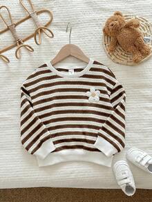 LMoss Kids Young Girl Knitted Striped Round Neck Loose Casual Sweatshirt - Coffee Brown - View 5