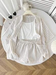 SHEIN 青少年女孩吊帶上衣、米白色條紋中袖和服襯衫與蝴蝶結裝飾短褲2件套，休閒熱帶夏季度假穿搭 - 卡其色 - 查看 3