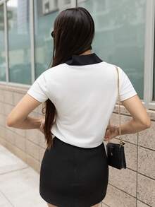 Andrea Bello Women's Casual Loose Fit Contrast Color Short Sleeve Polo Neck T-Shirt Summer - Black and White - View 2