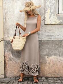 s con cuello redondo minimalista, holgado, relajado y con falda completa con caída, vestido largo casual versátil y cómodo para el uso diario, viajes y vacaciones en la playa, talla estándar - Marrón - Ver 4