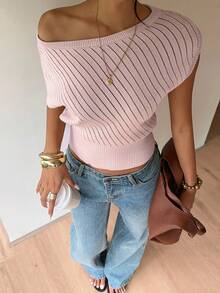 Siren Gaze Women's New Summer Pink Leather Asymmetrical Neckline Knit Top - Pink - View 7