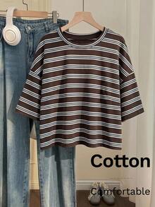 Comfortcana Áo thun ngắn tay casual size lớn thêu hoa 3D, giặt mài, xuân/hè - màu nâu - Xem 8