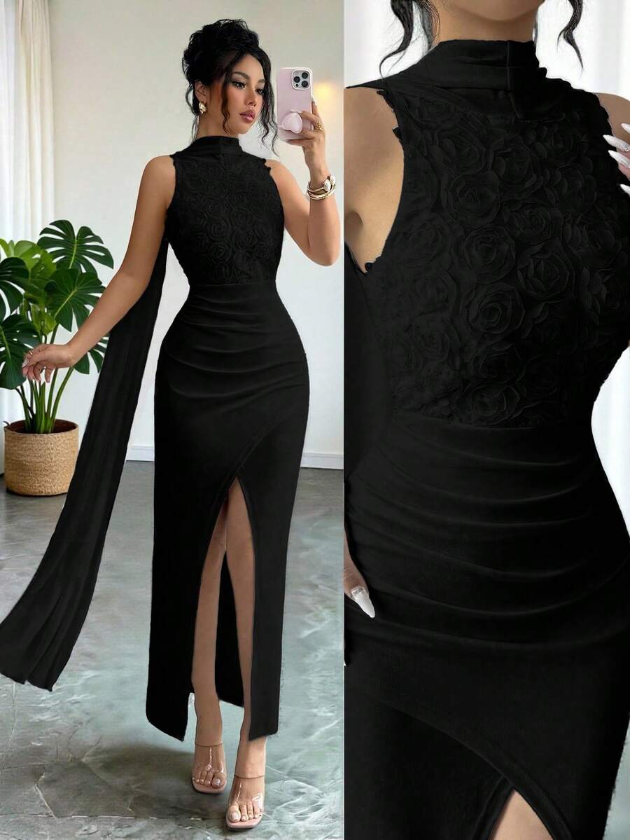SHEIN Raffinéa 女款優雅派對3D花卉裝飾高衩長洋裝 - 黑色 - 查看 1