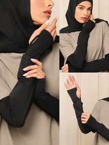 GLOWMODE Modest Cooling Glow Quick-Dry Sun-Proof Adjustable Cuffs Reflective Logo Thumbholes Relaxed-Fit Arm Sleeves Training Gym Studio Daily Active Wear - Black - View 7