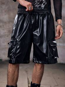 Skyrend Men's Black Faux Leather Cargo Shorts, Streetwear Styleemo Grunge - Black - View 1
