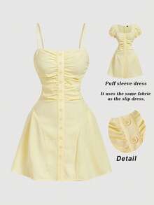 camisero corto con decoración de botones para mujer, amarillo pálido - amarillo ganso - Ver 6