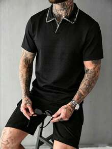 EGENSIO Textured Black Seagull Collar Embroidered Short Sleeve Polo Shirt, Summer - Black - View 3