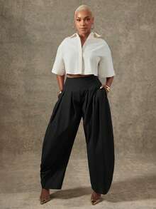 Vixey High Waist Pleated Detail Barrel Leg Office Pants - Black - View 3