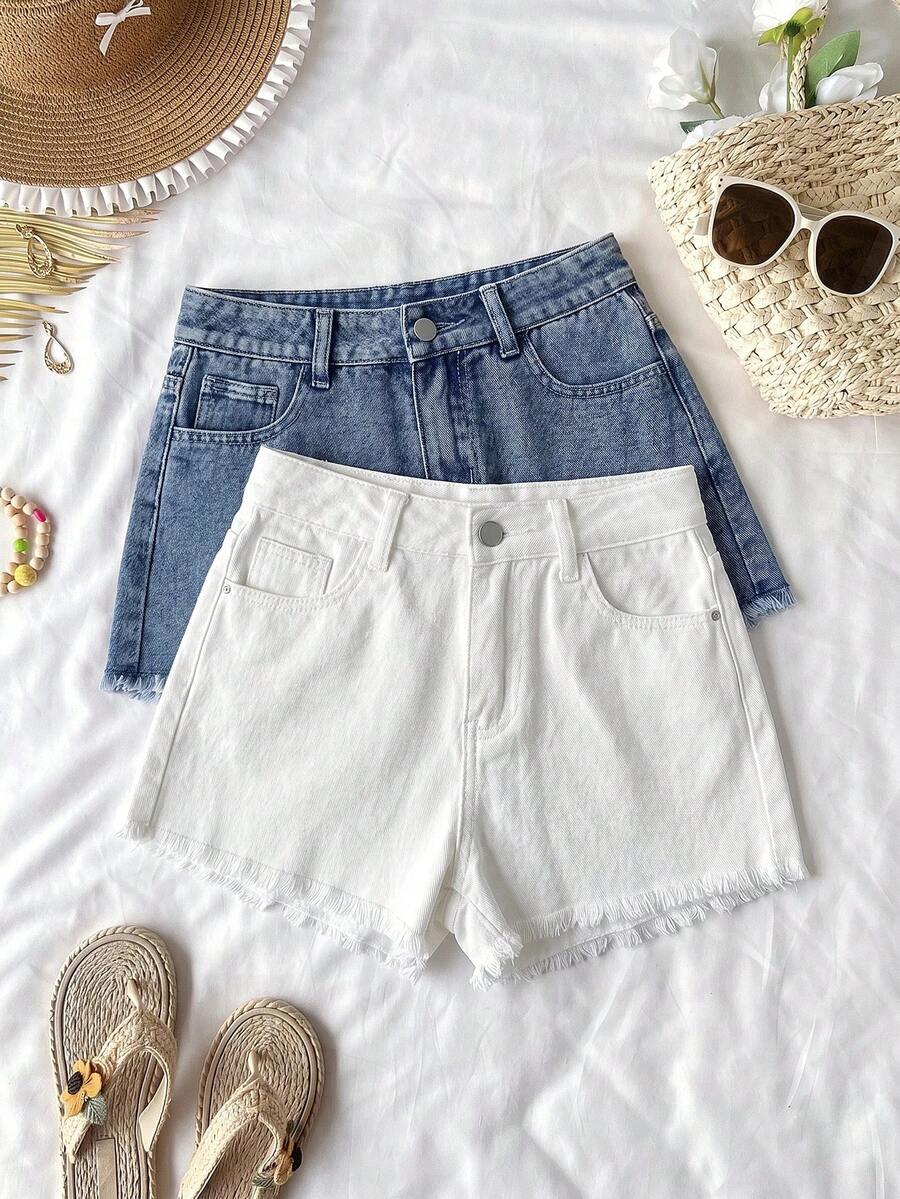 SHEIN 2pcs Blue & Black Denim Fitted Shorts For Teen Girls - Multicolor - View 1