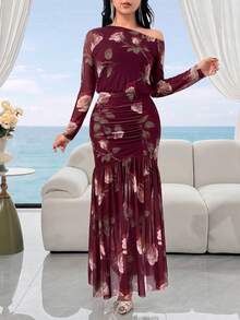 Feyla Women's Asymmetrical Shoulder Floral Print Slit Design Elegant Cinched Waist Party Dinner Dress Pink Autumn - Multicolor - View 1