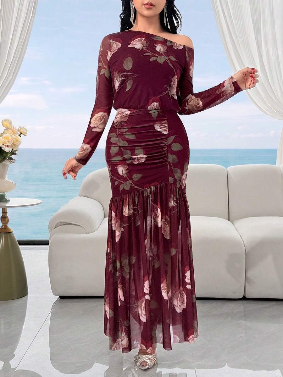 Feyla Women's Asymmetrical Shoulder Floral Print Slit Design Elegant Cinched Waist Party Dinner Dress Pink Autumn - Multicolor - View 1