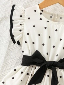 SHEIN Souflis 少女法式復古圓點圖案荷葉袖甜美公主風腰部蝴蝶結裝飾洋裝，適合夏季穿著 - 杏色 - 查看 8