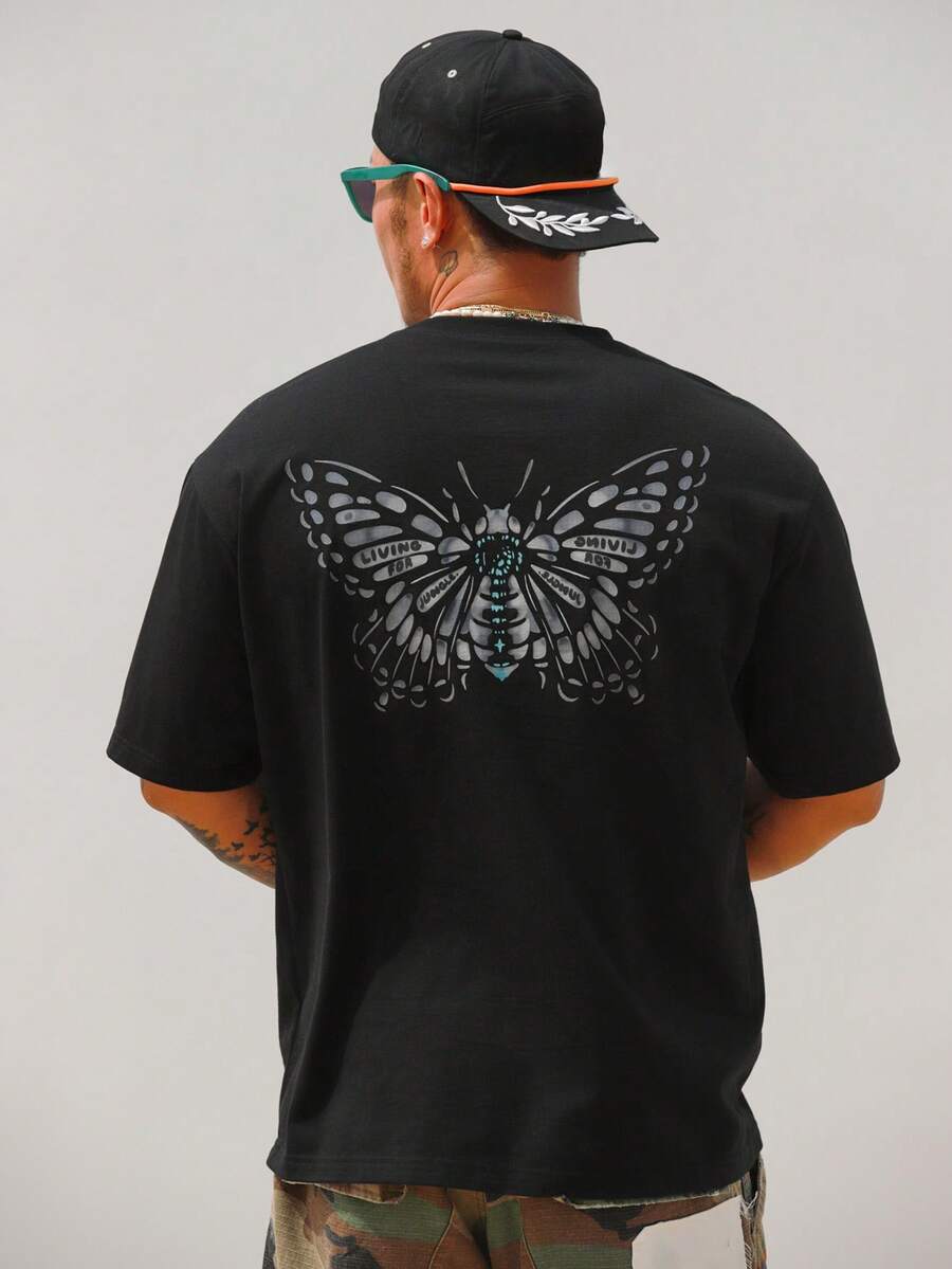 DAZY Summer Butterfly Print Round Neck Short Sleeve T-Shirt Graphic Tees Men - Black - View 1