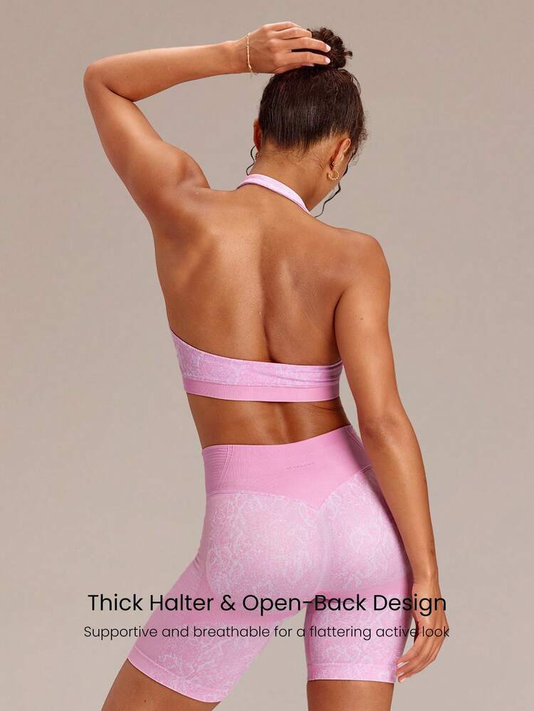 Ultrafine Soft Seamless Halo Ribbed Support Open Back Thick Straps Halter Sports Bra With Removable Cups Workout Gym