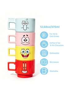 SpongeBob SquarePants | SHEIN 1個 12.68oz/375ml 可堆疊卡通圖案印花馬克杯，耐冷耐熱，可用於微波爐與洗碗機，適合盛裝水、牛奶、果汁、咖啡，海綿寶寶章魚兄弟海底系列 - 淺灰綠 - 查看 2