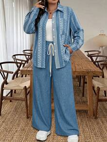 Vionelle Damen Große Größen Französischer Lässiger Eleganter Herbst/Winter Langarm Oberteil Und Lange Hose 2 Teile Set - Blau - Übersicht 3