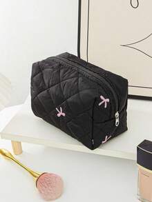SHEIN 化妆包旅行洗漱用品拉链袋蝴蝶结刺绣绗缝防水轻便化妆品收纳袋便携大容量女士度假浴室必需品 - 黑色 - 查看 21