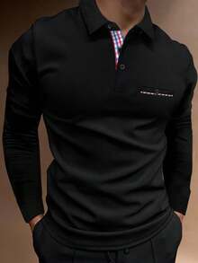 Manfinity Homme Áo thun polo nam họa tiết kẻ caro tay dài cổ bẻ nhiều màu, thường ngày dành cho chồng, mùa thu - màu đen - Xem 7