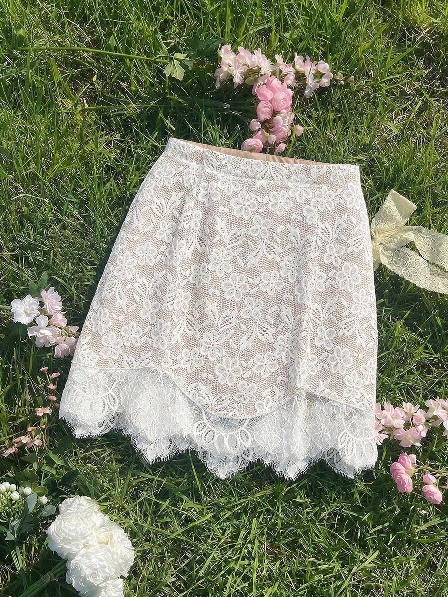 SHEIN MOD Chân váy ngắn nữ thời trang thêu ren phối nhiều lớp, thích hợp cho các buổi hẹn hò và lễ hội âm nhạc. - trắng - Xem 1