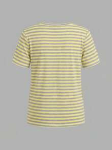 Attitoon Camiseta de manga corta holgada de cuello redondo, estilo minimalista, casual, de algodón al 95% con rayas amarillas y grises - Básica casual, versátil para todas las estaciones de primavera/verano/otoño, estilo retro vintage cute y clean girl Y2K, perfecta para salidas casuales, hogar, vuelta al cole, festivales occidentales, citas dulces, té de la tarde, vacaciones de primavera/verano y moda casual diaria - Multicolor - Ver 2