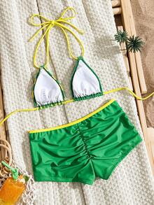 Swim Vcay Nuevo Conjunto de Bikini Sexy de 2 Piezas para Vacaciones en la Playa, Top de Bikini Triangular con Halter y Patchwork de Estampado de Leopardo & Vaca Multicolor, Shorts Brasileños con Fruncido y Elevación de Cadera, Primavera Verano - Multicolor - Ver 3