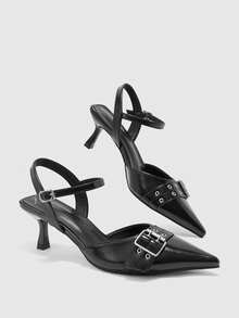 CUCCOO BIZCHIC Elegant Black Slingback Pumps For Women With Pointed Toe Buckle Accent And Kitten Heel - Black - View 9