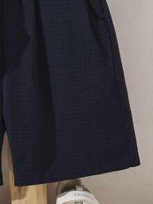 Mirajuku Set Kasual Kemeja Lengan Pendek Kancing Tunggal Warna Polos untuk Anak Laki-Laki Usia Remaja, Terdiri dari Celana Pendek dan Kemeja Lengan Pendek - Navy Blue - View 5