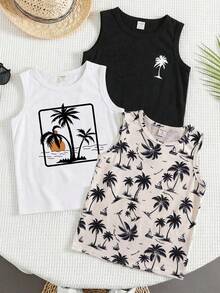 SHEIN 3pcs/Set Tween Boys Casual Vacation Style Coconut Tree Print Pullover Sleeveless Loose Knit Tank Tops, All-Over Coconut Tree Print Tank, White Tank, Black Tank, Basic Tops, Suitable For School, Vacation, Spring, Summer - Multicolor - View 5