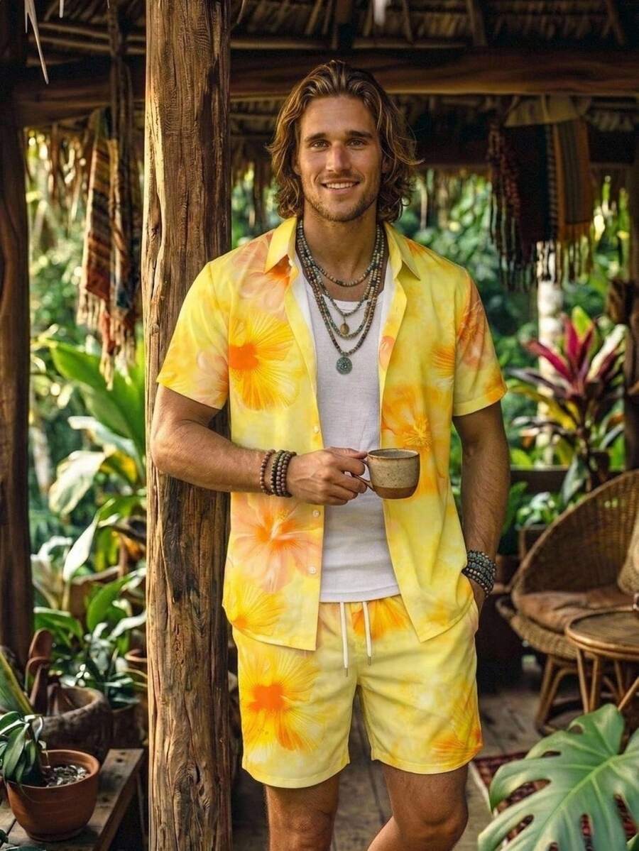 Alderstead Men's Floral Print Shirt And Shorts Set - Yellow - View 1
