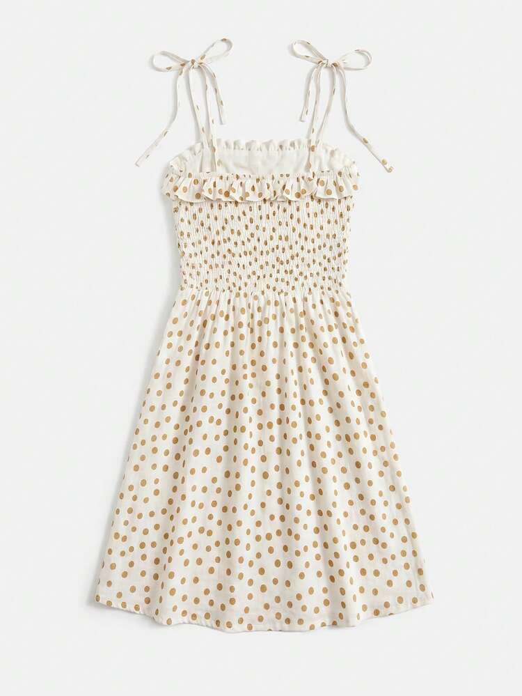 Ecru Polkadot Mini Dress With Thin Tie Straps Summer Holiday Casual Ruffle Dress