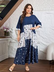 Lacomfia Robe élégante pour femmes grande taille, manches mi-longues, patchwork floral discret, col rond, style décontracté pour le travail et les vacances - Multicolore - Voir 6