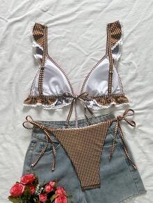 Swim Mod 女款夏季海灘度假甜美可愛格紋印花荷葉邊棕色條紋蕾絲比基尼上衣與側綁帶三角泳褲休閒熱帶風套裝 - 棕色 - 查看 2