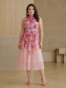 MOTF PREMIUM PLUS SIZE WOMEN'S SPRING/SUMMER FLORAL PRINT PLEATED STAND NECK CINCHED WAIST DRESS - Pink - View 6