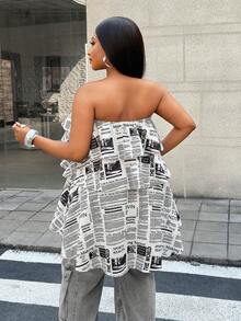 Maweii Plus Size Hot Girl Street Style Multi-Layer Patchwork Ruffle Bandeau Top - Black and White - View 2
